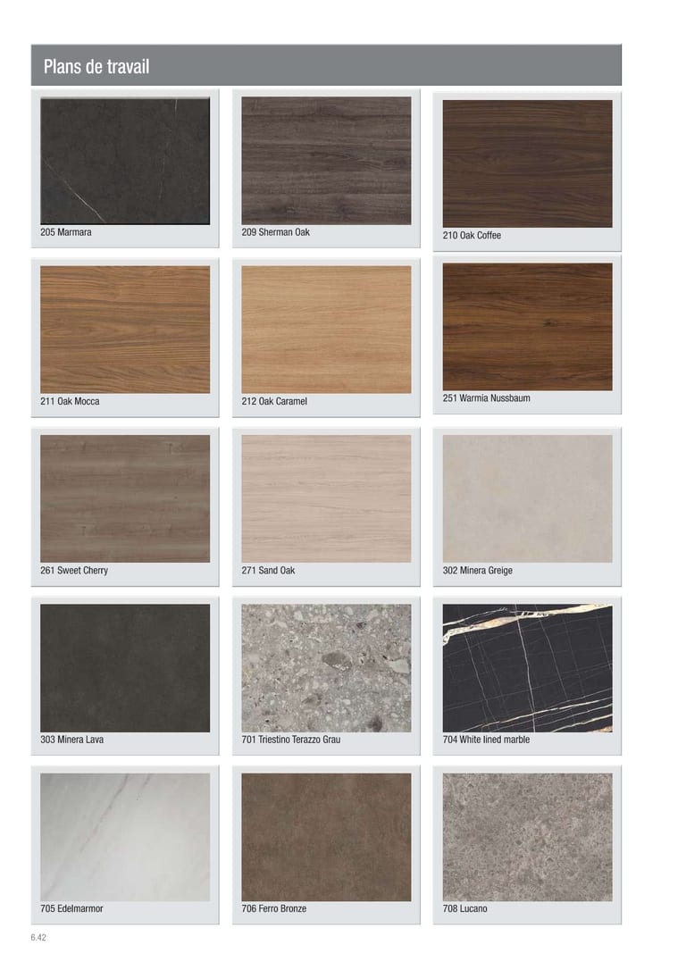 Catalogue plans stratifié Beckermann · chêne (Oak Coffee, Sherman, Caramel, Mocca, Sand), noyer Womia, terrazzo (Triestino Grau), marbres (White lined, Marmara, Lucano, Edelmarmor), pierres (Minera Greige, Minera Lava, Sweet Cherry, Ferro Bronze)