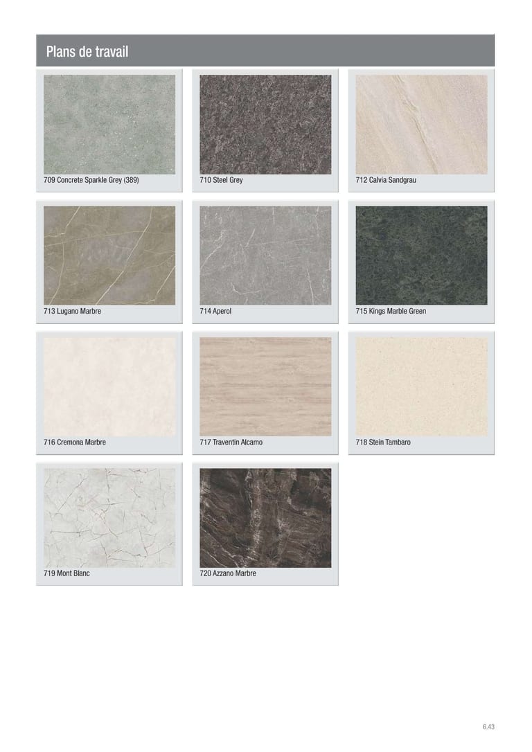 Catalogue plans stratifié Beckermann · pierres et marbres premium (Calvia Sandgrau, Kings Marble Green, Stein Tambaro, Steel Grey, Aperol, Travertin Alcamo, Azzano Marbre, Concrete Sparkle Grey, Lugano, Cremona, Mont Blanc)