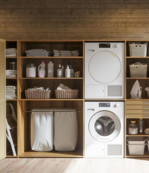 Colonne lave-linge sèche-linge intégrée dans caisson buanderie sur mesure SCARS.