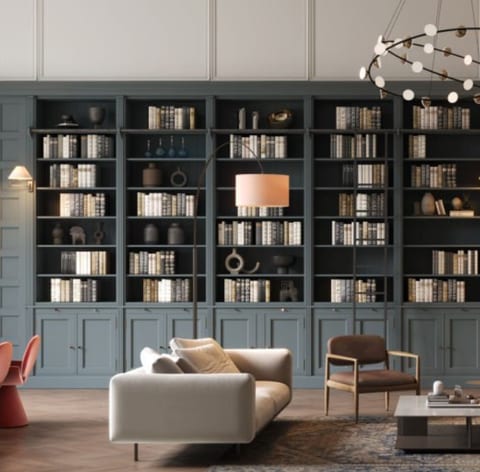 Bibliothèque sur mesure SCARS, étagères lumineuses bois et CeraPur.