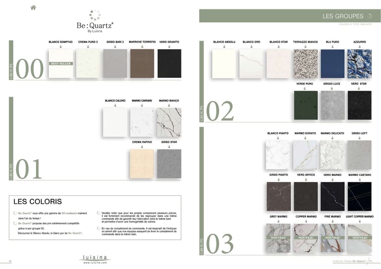 Be:Quartz · Quartz reconstitué · page 2/14 · catalogue LUISINA 2026