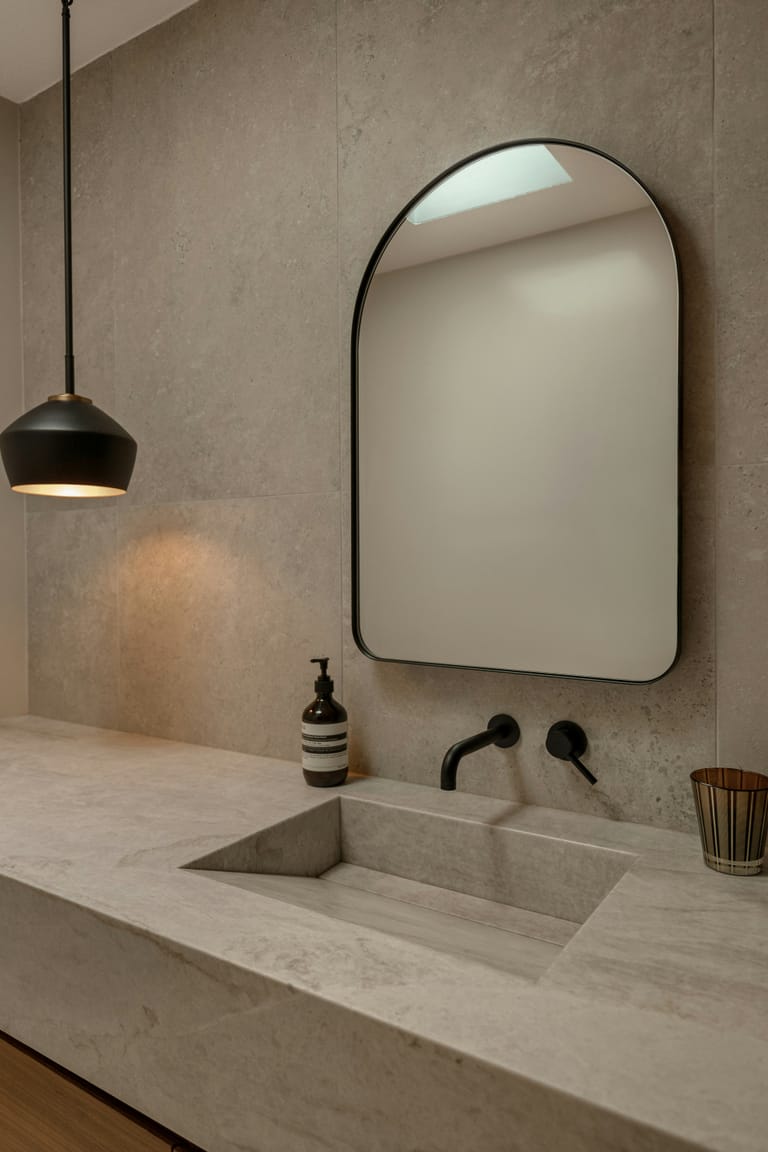 Vasque sous-plan céramique sur mesure SCARS, raccord net et mitigeur laiton.